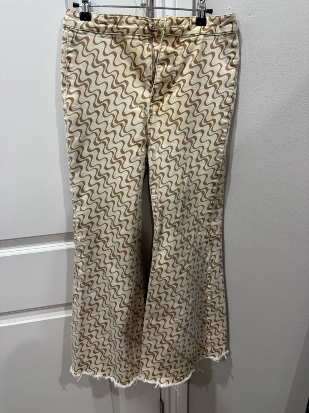 We The Free Cream and Brown Wave-Print Wide Leg Jeans